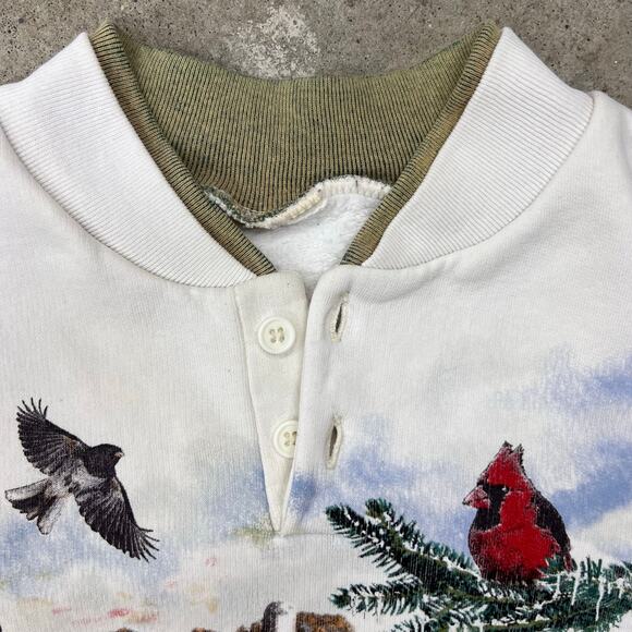 Vintage Art Unlimited Winter Birds Henley Crewneck Sweatshirt Chickadee Cardinal - Picture 6 of 9